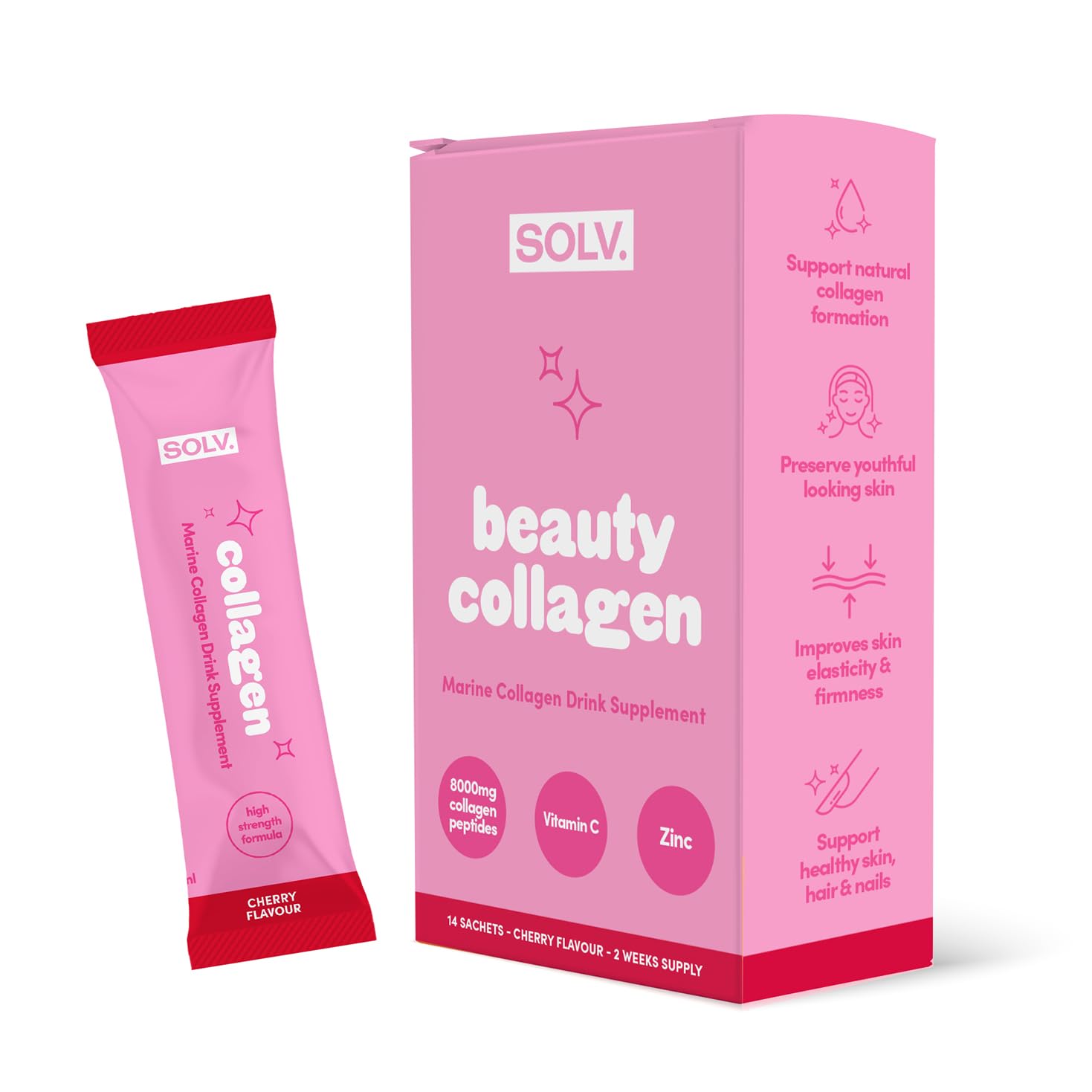 Solv Liquid 8000mg Marine Collagen Peptide Beauty Supplement Gel 14x15ml Sachets High Strength Great Tasting VIT C Biotin SOLV uk supplements