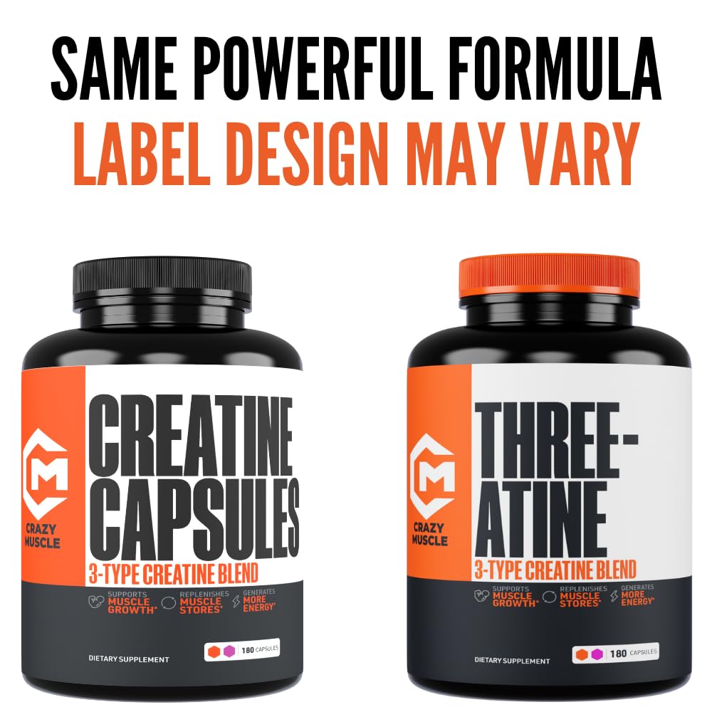 Creatine Capsules, 5g Premium 3X ThreeAtine Pre Workout Bulk Muscle Mass Gainer, High Absorption Easy to Take Creatine Monohydrate Pills Alternative Optimum Performance for Men Women, 180 Capsules Crazy Muscle uk supplements