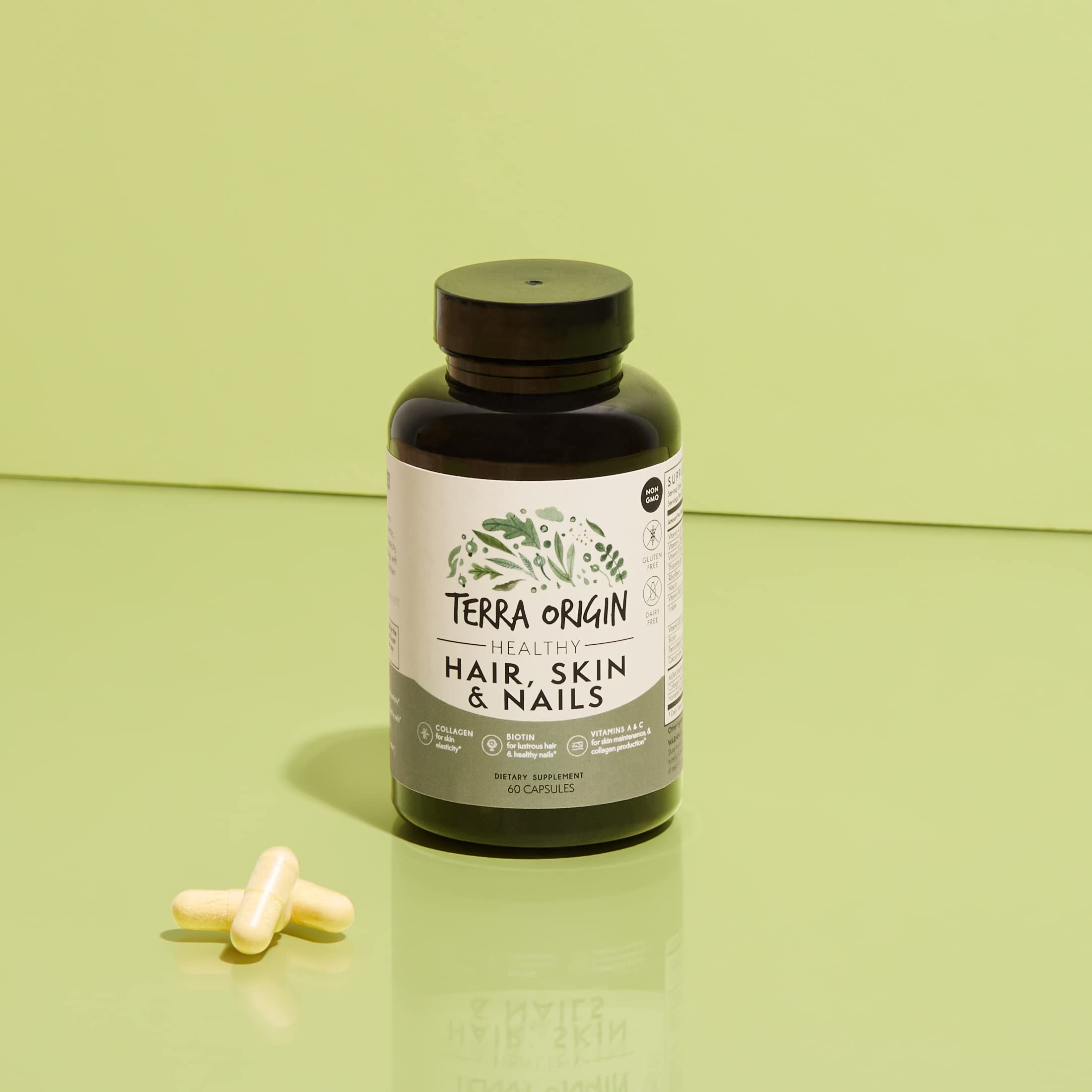 TERRA ORIGIN Healthy Hair, Skin and Nails Supplement | Collagen, Biotin, Horsetail & B-Complex | Supports Hair Strength, Skin Elasticity & Nail Growth | Vitamins for Women and Men | 60 Capsules TERRA ORIGIN uk supplements