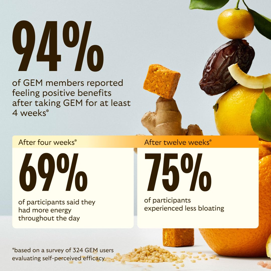 GEM Daily Bite for Women & Men, with 20+ Vitamins, Minerals, & Superfoods Like Zinc, Vitamin D, B-Complex, K, Turmeric, Fiber & Prebiotics, Beta Glucan GLP-1 Support & Immunity (Citrus Ginger,7 count) GEM uk supplements