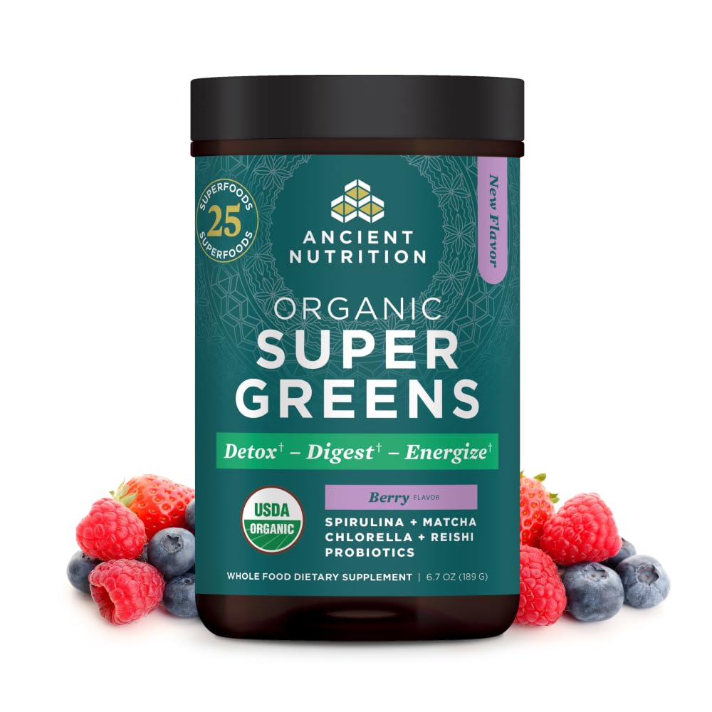 Ancient Nutrition SuperGreens Powder with Probiotics, Organic Berry Flavor Greens, Made from Real Fruits, Vegetables and Herbs, Digestive and Energy Support, 25 Servings, 6.7oz Ancient Nutrition uk supplements