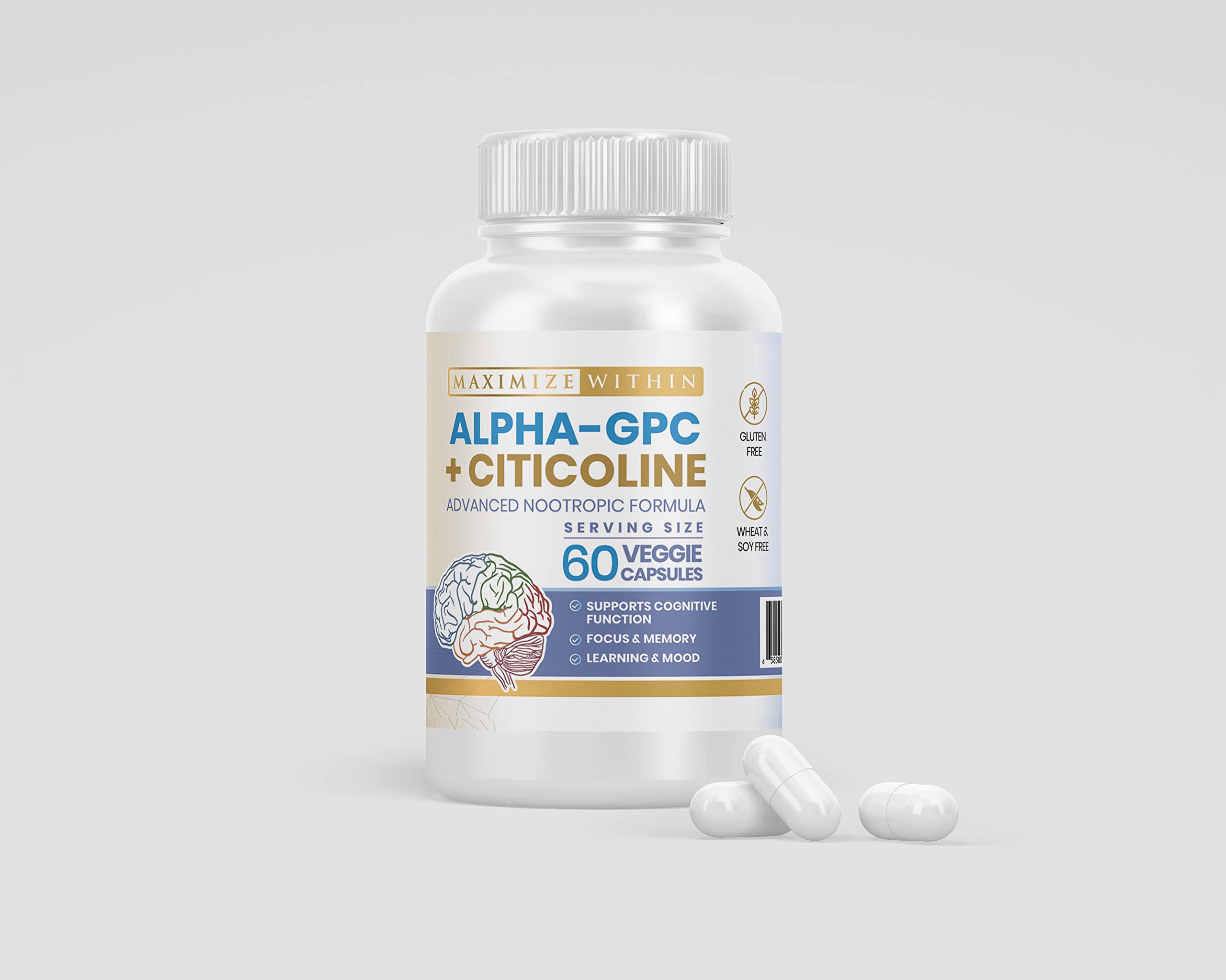 Maximize Within Alpha GPC + Citicoline 60 Ct, 1600mg Concentrated Formula- 99%+Highly Purified & Bioavailable Nootropic-Cognitive Enhancer, Supports Memory, Brain Function, Boosts Focus, Mood & Energy Maximize Within uk supplements