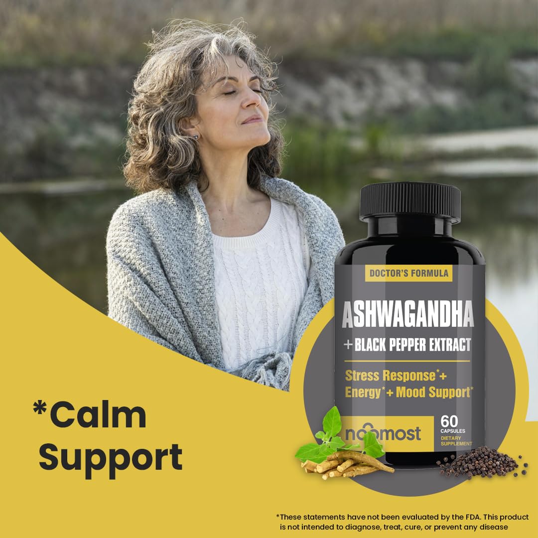 NooMost Organic Ashwagandha 400mg Capsules w/Black Pepper Extract as Vegan Ashwagandha Supplements for Anti Stress Relief, Natural Mood Support, Energy & Focus-60 Capsules NooMost uk supplements