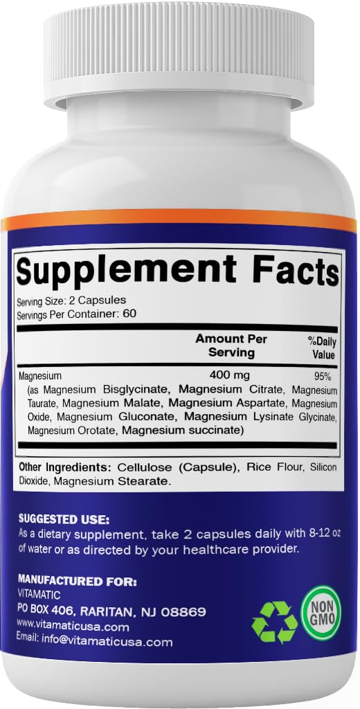 Vitamatic Magnesium Complex, 400mg Elemental MG (as Bisglycinate, Citrate, Taurate, Malate, Aspartate, Oxide, Gluconate, Lysinate Glycinate, Orotate, Succinate) – 120 Capsules Vitamatic uk supplements