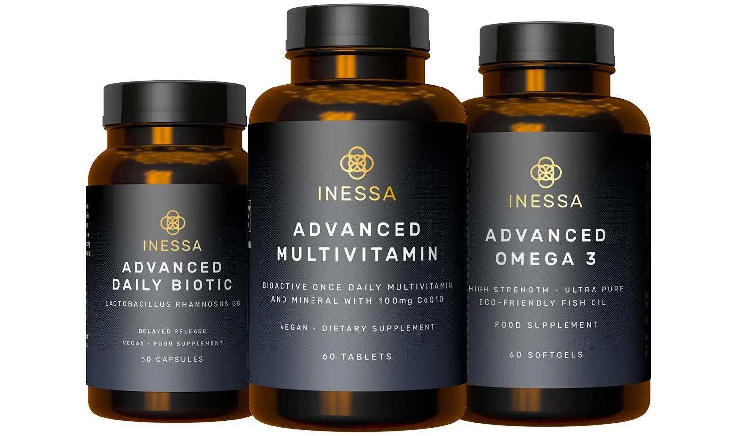 Inessa Essential Wellness Bundle | Multivitamin, Probiotic & Omega 3 Produced to a Clinical Grade for Optimal Wellness for Men and Woman Inessa uk supplements