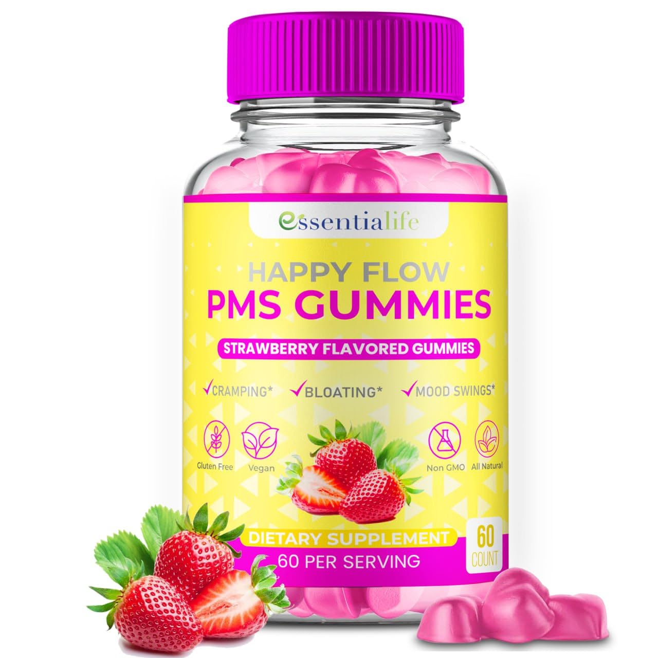 PMS Gummies - Happy Flow PMS Support Supplement for Women - Strawberry PMS Relief Supplement with Vitamin B6 for Hormone Balance, Period Support, Cramps, Hormonal Acne & Bloating Relief (60 Count) Essentialife uk supplements