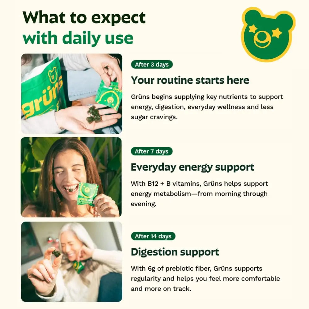 Gruns Adults Super Greens Multivitamin Gummies, Superfood Vitamin Gummy Bears with Spirulina, Chlorella, Prebiotic Fiber for Digestive Health Grüns uk supplements