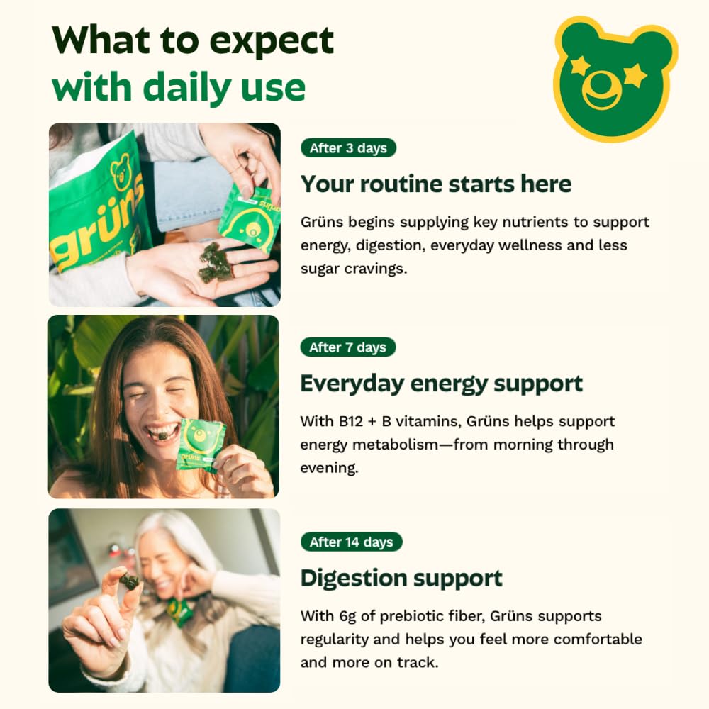 Gruns Adult Super Greens Multivitamin Gummies, Superfood Gummy Vitamins for Women and Men with Spirulina, Chlorella, Adaptogens & Prebiotic Fiber for Digestive Health (28 Count) Grüns uk supplements
