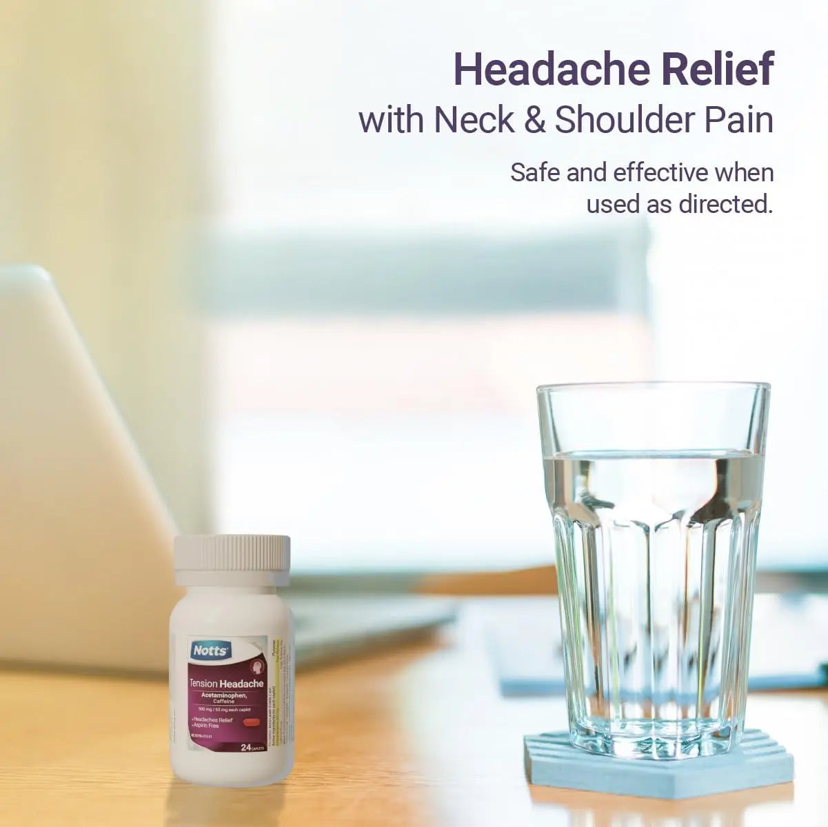 NOTTS Tension Headache Relief Without Aspirin for Head, Neck & Shoulder Pain - 100 Count, Acetaminophen 500 mg Caffeine 65 mg Caplets, for Aches Caused by Tension and Stress. Headache Relief caplets NOTTS uk supplements