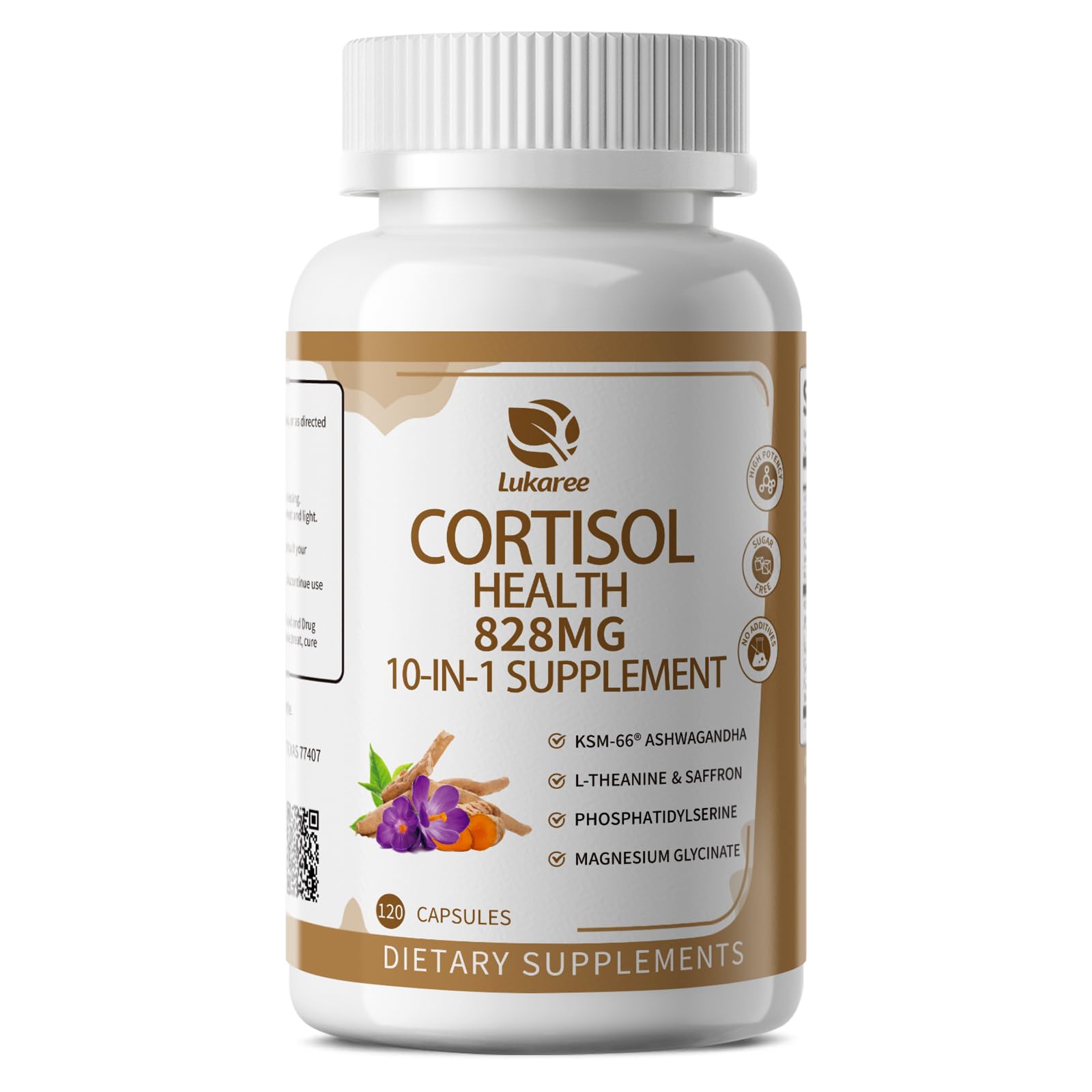 10-IN-1 Cortisol Supplements w/ KSM-66® Ashwagandha 300mg + L-Theanine 250mg, Magnesium Glycinate, Saffron, Phosphatidylserine, Turmeric & Vitamin C D3 B6 B5, For Women Men, 120 Capsules 60-Day Supply Lukaree uk supplements