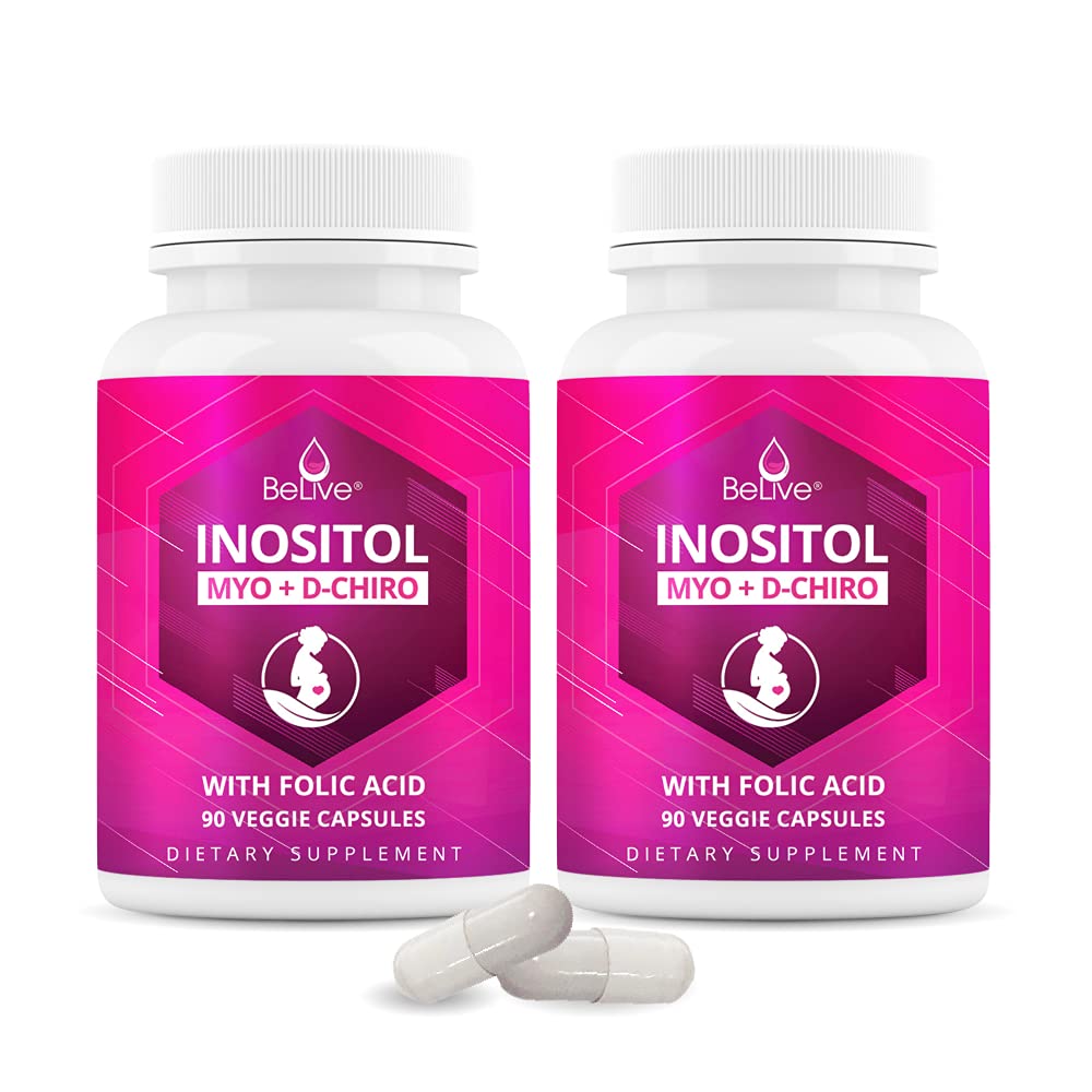 Myo-Inositol & D-Chiro Inositol Capsules with Folic Acid for PCOS | Prenatal Fertility BeLive uk supplements