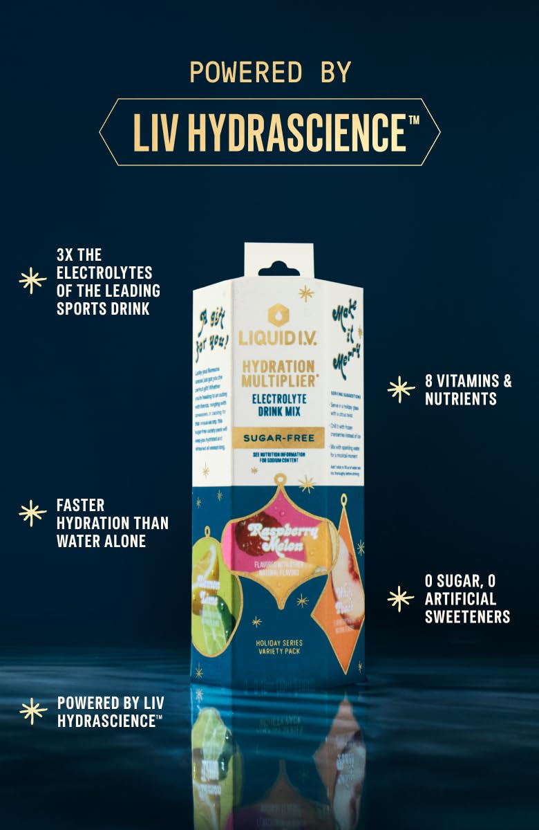 Liquid I.V.® Hydration Multiplier Sugar-Free - Variety Pack Stocking Stuffer - Raspberry Melon, Lemon Lime, and White Peach - 4 Pack (12 Sticks) Liquid I.V. uk supplements