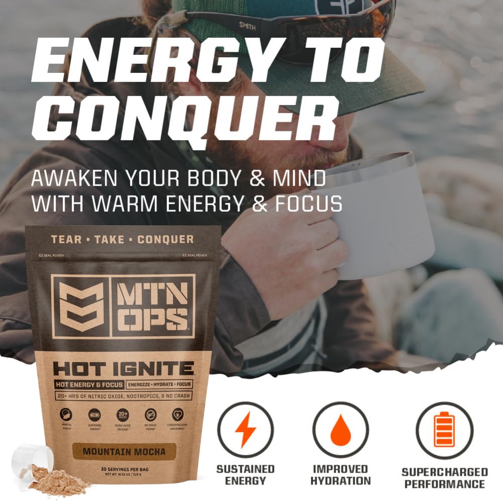 MTN OPS Hot Ignite Supercharged Energy Drink Mix Focus Enhancer, Hazelnut Cocoa MTN OPS uk supplements