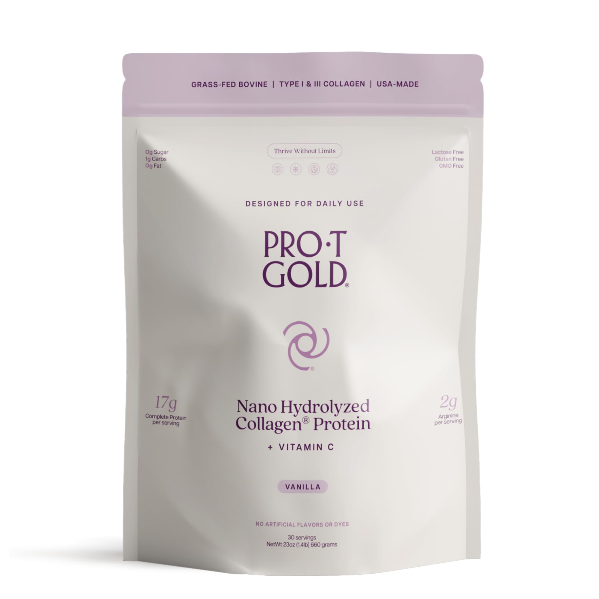 ProT Gold Collagen Protein Powder, 17g Protein Nano-Hydrolyzed Grass Fed Collagen, Vitamin C, 2g Arginine for Wound Support, Gluten Free, All Natural, Fat and Sugar Free, 0g Carbs, Vanilla, 23 oz, 30 ProT Gold uk supplements
