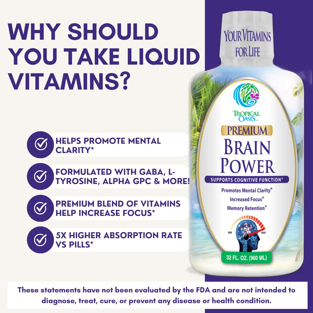 Tropical Oasis - Brain Power | Liquid Nootropic Supplement - Promotes Mental Clarity, Focus, and Memory Retention (Unflavored, 32 Servings) Tropical Oasis uk supplements