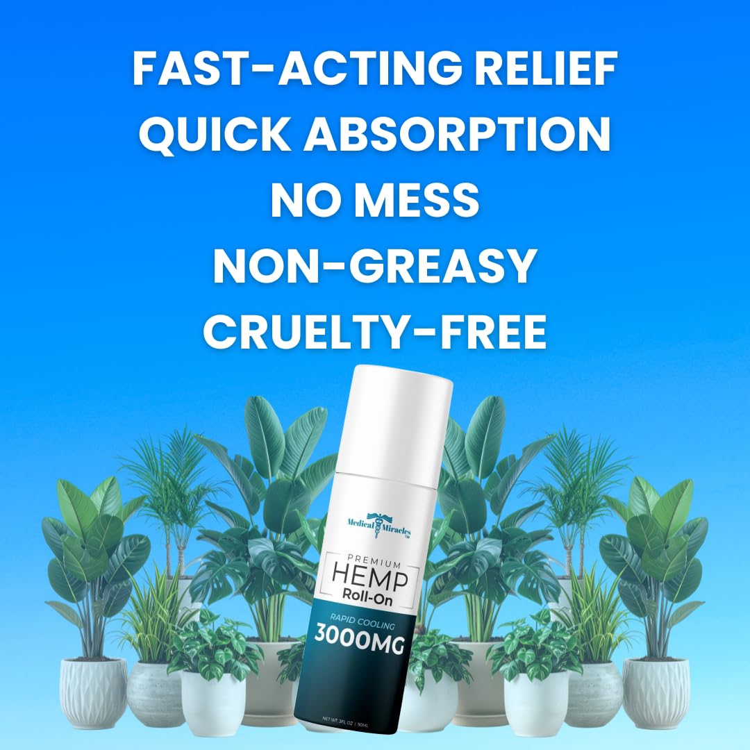 Medical Miracles New Hemp Oil Roll On - Ideal for Muscles, Hips, Joints, Neck, Back, Elbows, Fingers, Hands, and Knees (3000mg Roll-On) Medical Miracles uk supplements