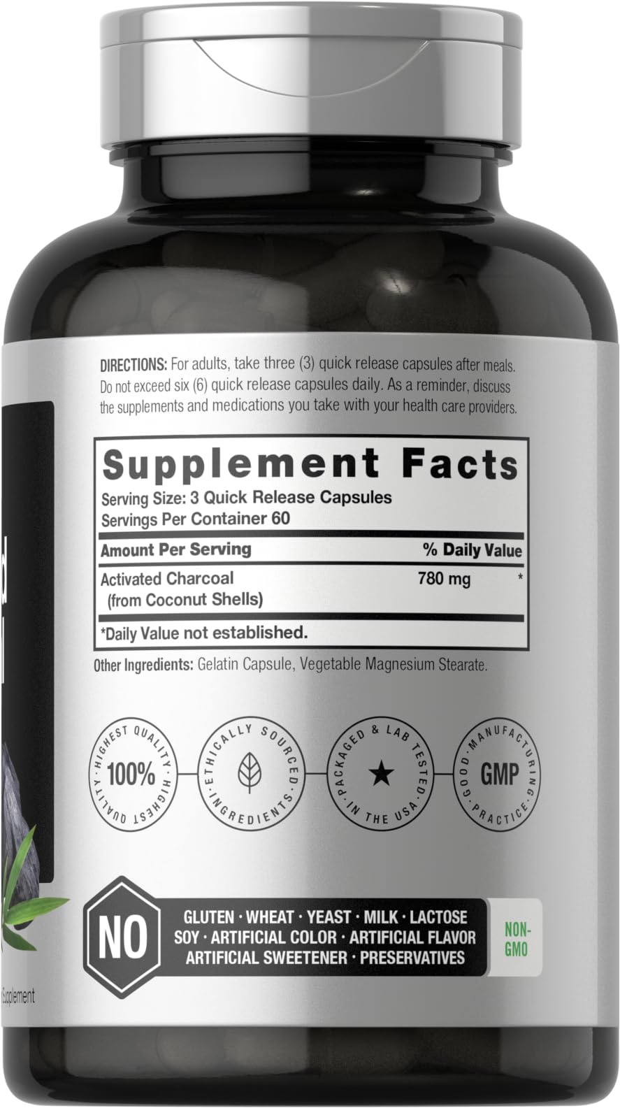 Charcoal Pills 780mg | 180 Capsules | Activated Charcoal from Coconut Shells | Non-GMO Horbäach uk supplements