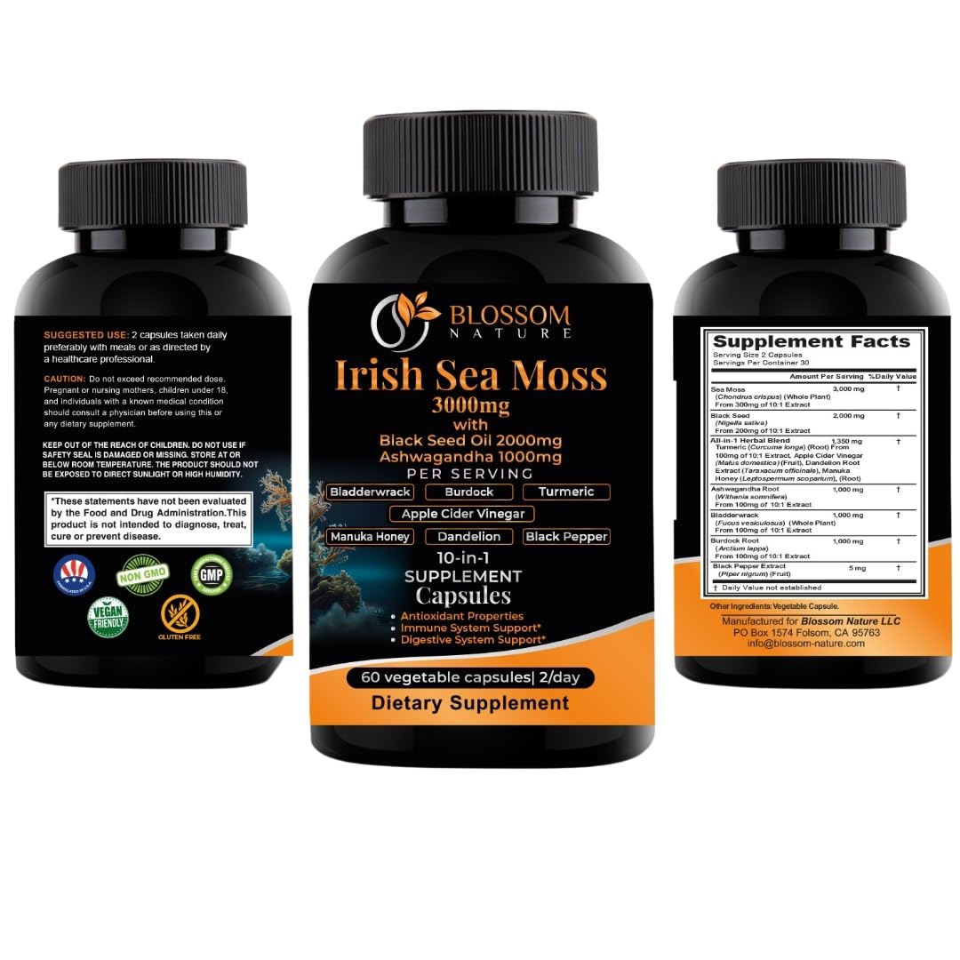 10-in-1 Irish Sea Moss Veggie Caps 3000mg Black Seed Oil Ashwagandha Bladderwrack Burdock Turmeric Apple Cider Vinegar Manuka Honey Dandelion Black Pepper - Made in US(Veggie Caps, Unflavored) Blossom Nature uk supplements