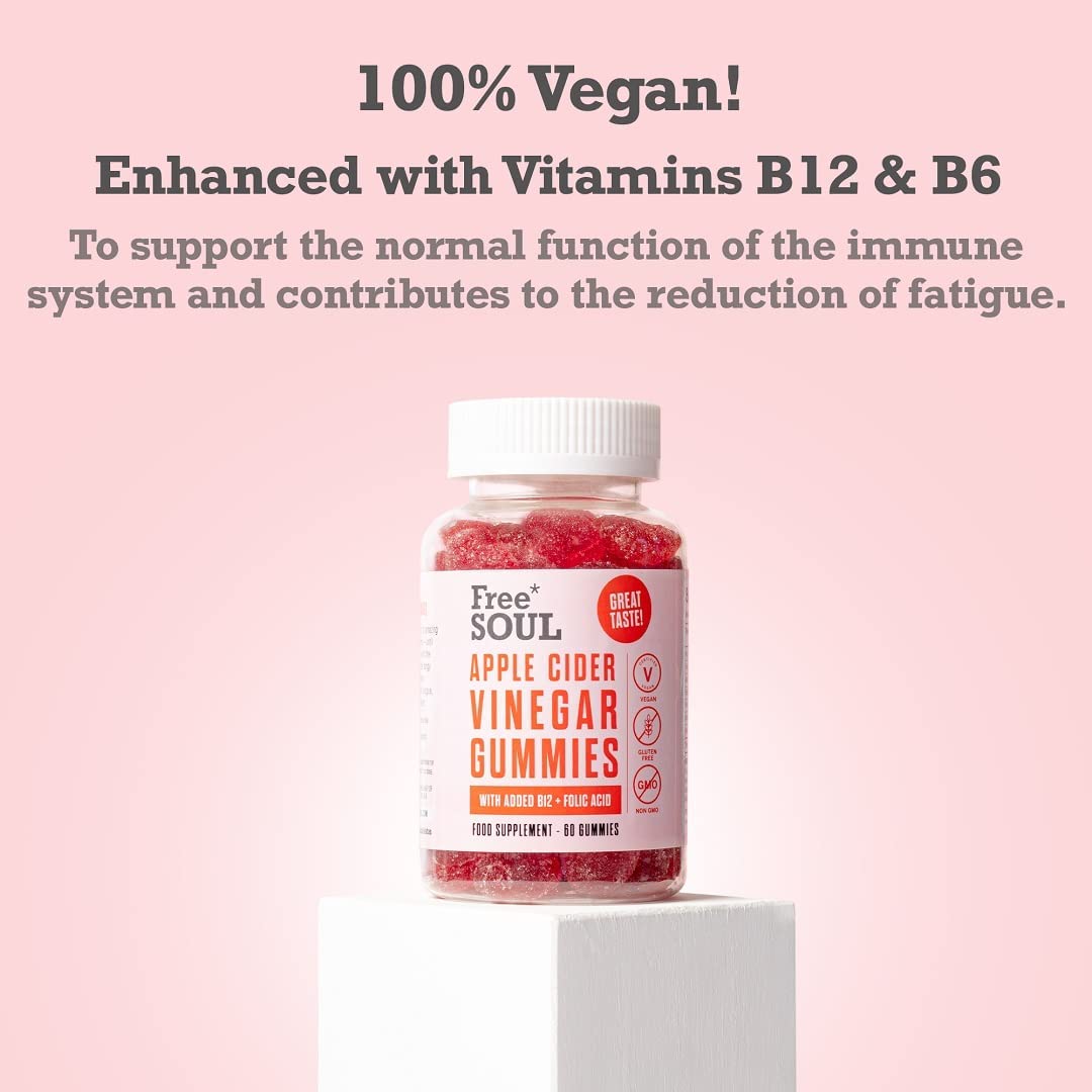 Apple Cider Vinegar Gummies with The Mother 1000mg Enhanced with Vitamin B12 & Folic Free Soul uk supplements