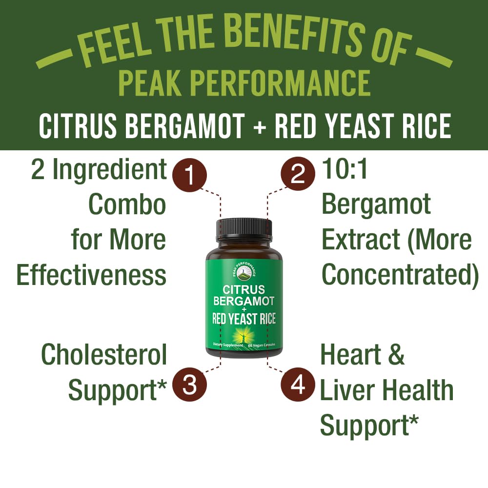 Citrus Bergamot + Red Yeast Rice. 2-in-1 Supplement. High Strength 10:1 Bergamot Extract. No Gluten, Zero Sugar, Vegan Capsules Peak Performance uk supplements