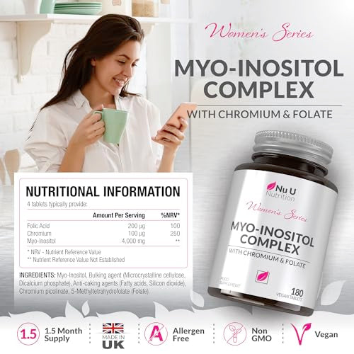 Myo-Inositol Complex 4000mg - 180 Vegan Tablets, 6 Weeks Supply - with 200ug Folate Nu U Nutrition uk supplements