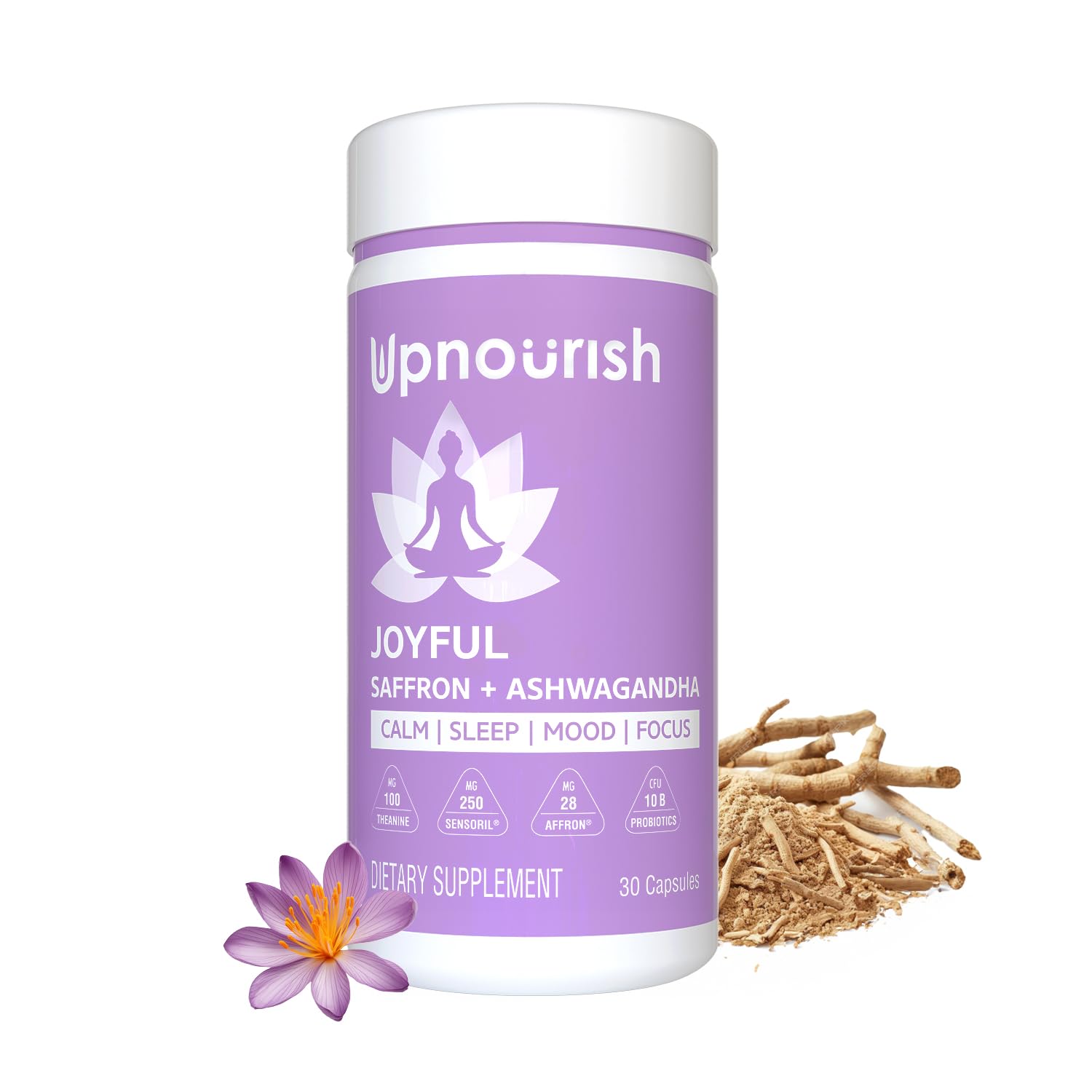 UpNourish Organic Ashwagandha Saffron Supplements with Probiotics - Stress Relief, Mood Enhancer, Calm Happy Pills Support Fatigue Focus Clarity with L-Theanine, Rhodiola, 30 Vegan Capsules UpNourish uk supplements