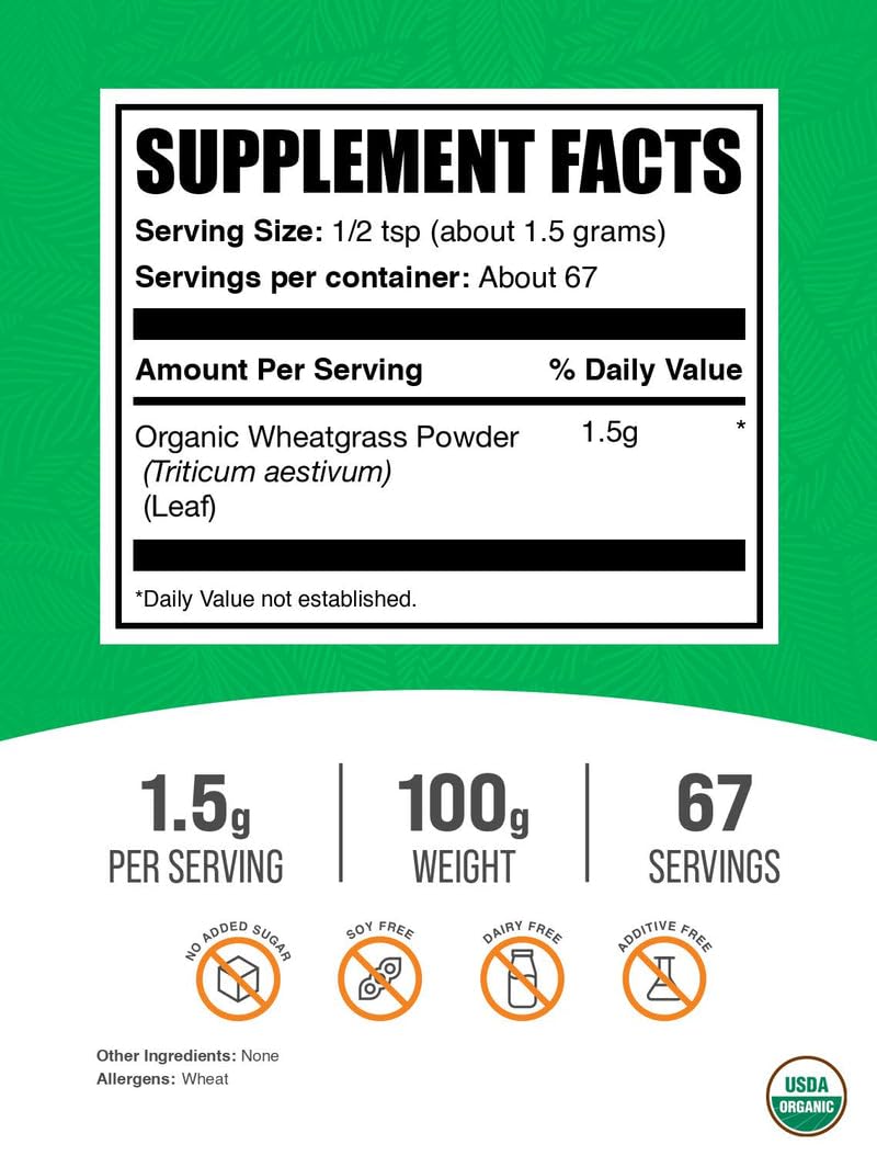 BulkSupplements.com Organic Wheatgrass Powder - Organic Super Greens Powder, Superfoods Supplement - Vegan & Gluten Free, 1.5g per Serving, 100g (3.5 oz) (Pack of 1) BulkSupplements uk supplements