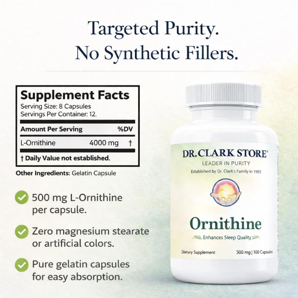 Dr Clark Ornithine Dietary Supplement - Gluten Free, Natural Sleep Aid, Promotes Protein Metabolism, Cleansing and Detoxification, 500mg, 100 Gelatin Capsules Dr Clark Store uk supplements