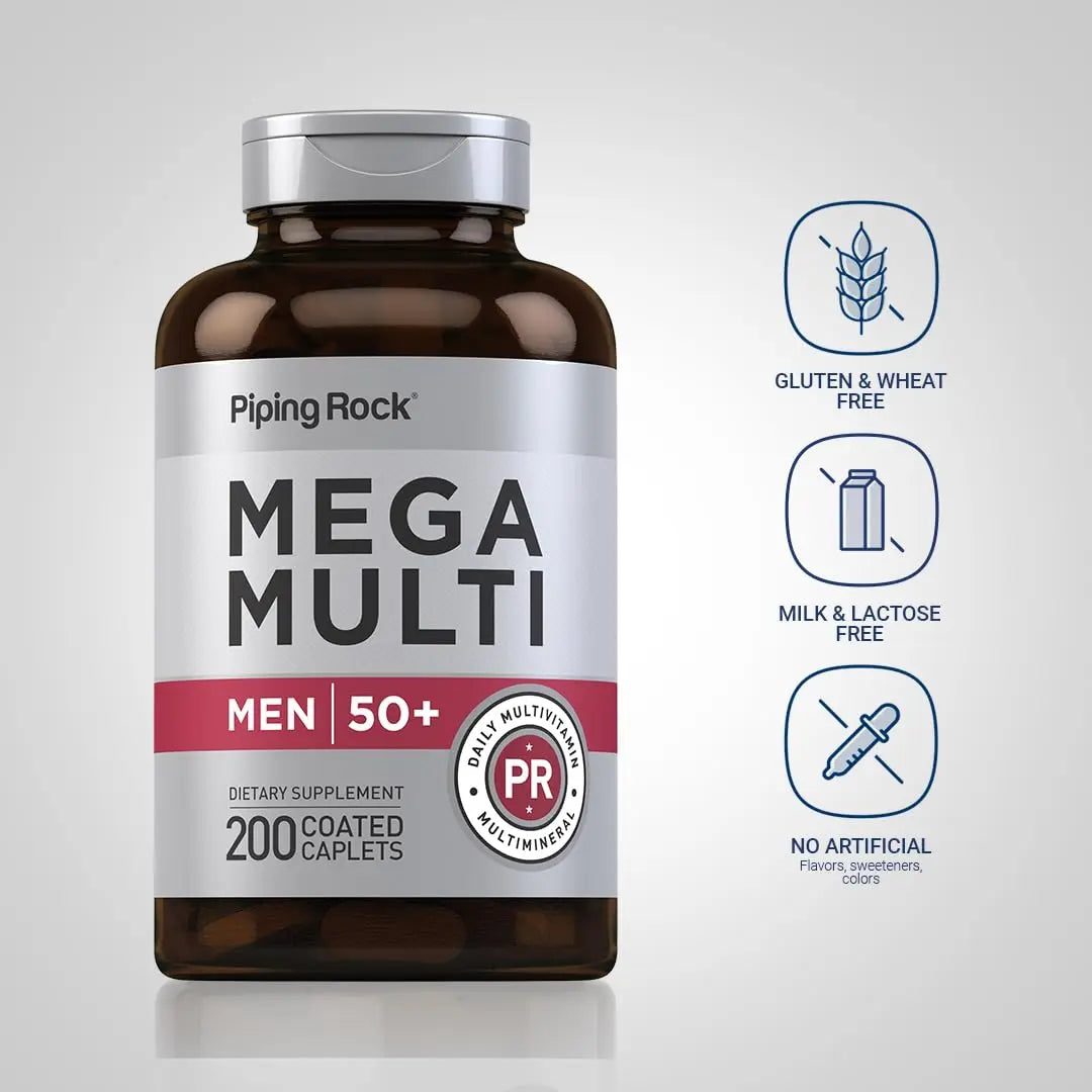 Piping Rock Multivitamin for Men Over 50+ | 200 Caplets | Mega 50 Plus Daily Multimineral | with Magnesium, Calcium, Zinc | Piping Rock uk supplements