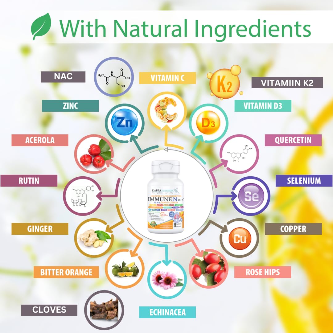 (90 Capsules), NAC 600mg, Quercetin 1,000mg, Vitamin C 500mg, Zinc 50mg, Vitamin D3 5,000iu, Selenium, Copper, Acerola, Ginger, Rutin, Citrus Bioflavonoids, Rose Hips, Echinacea, Immune N Plus 15 in 1 KAPPA NUTRITION uk supplements