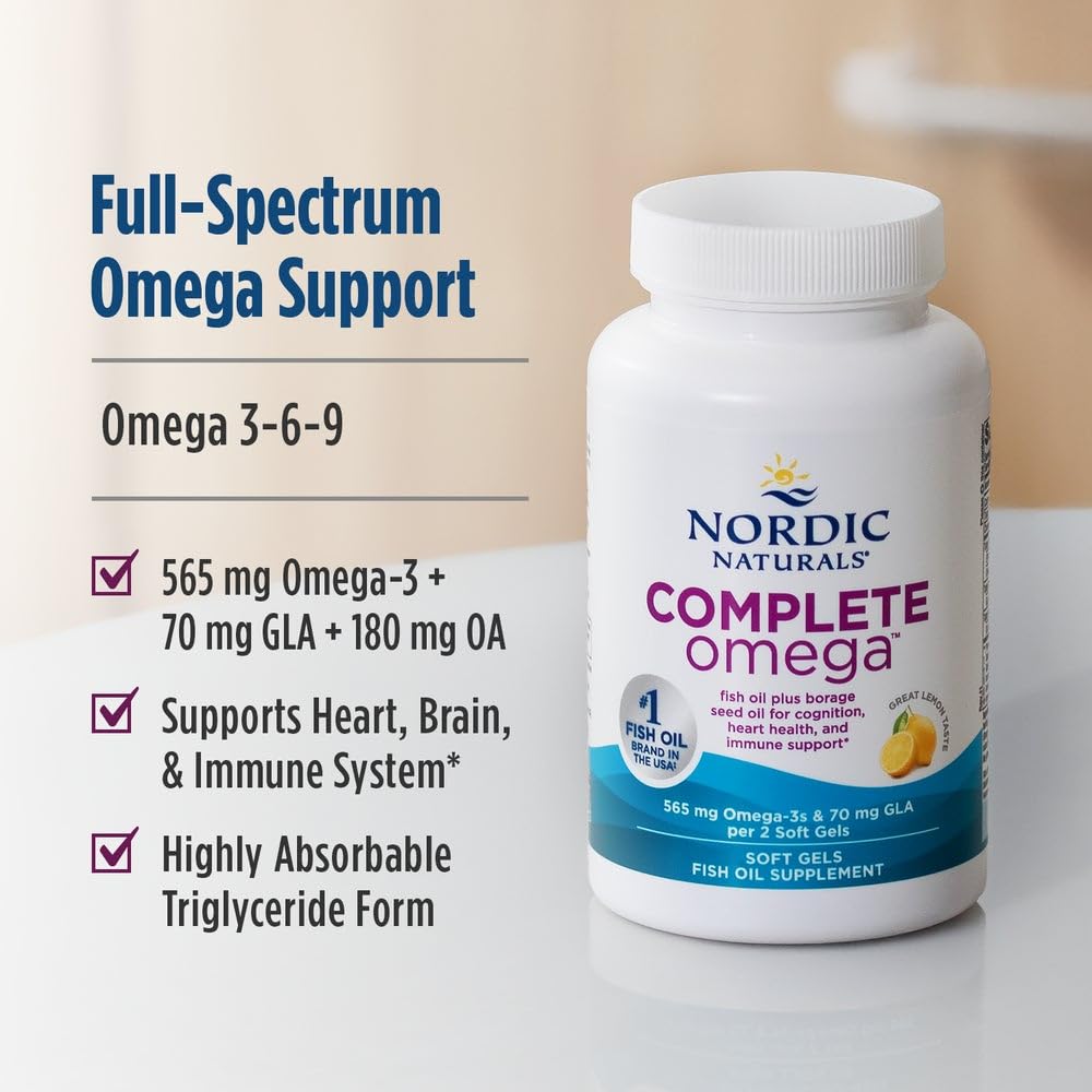 Nordic Naturals Complete Omega, Lemon Flavor - 120 Soft Gels - 565 mg Omega-3 - EPA & DHA with Added GLA - Healthy Skin, Cognition, Positive Mood - Non-GMO - 60 Servings Nordic Naturals uk supplements