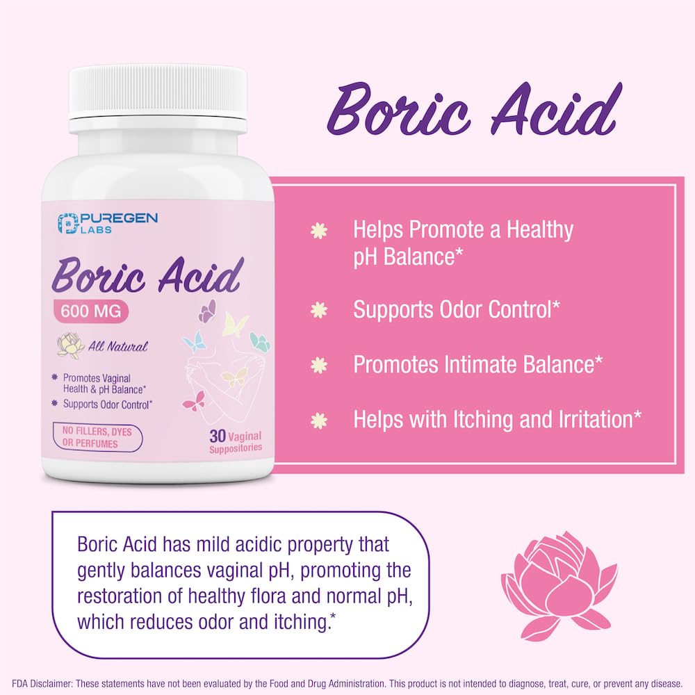 Puregen Labs Boric Acid 600 mg Vaginal Suppositories - 100% Pure | All Natural Without Dyes or Fillers P Puregen Labs uk supplements