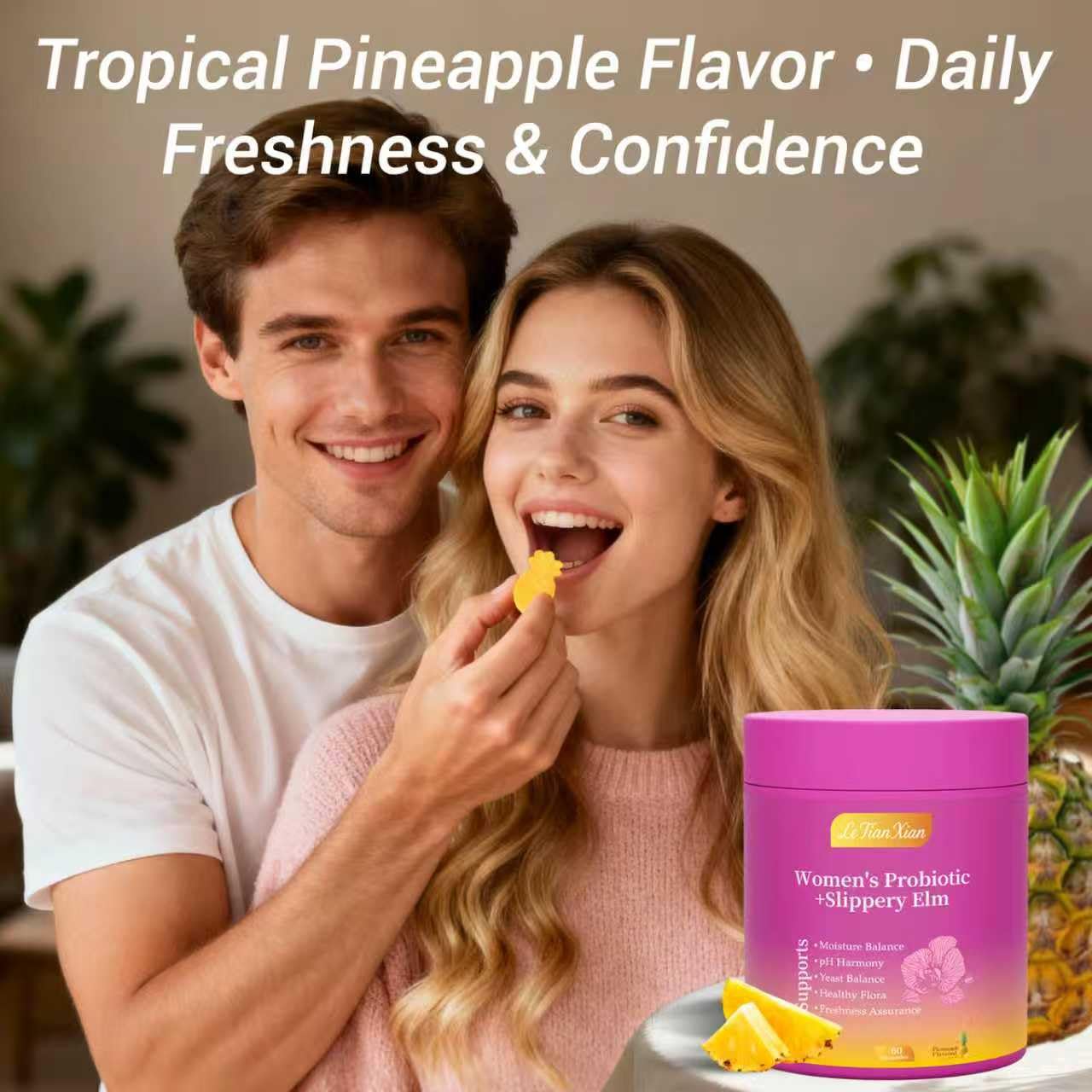 Le Tian Xian Her Juicy Feminine Probiotics Gummies for Women with Slippery Elm, Prebiotics & Lactobacillus - for pH Balance & Digestive Health, Tropical Pineapple Flavor, 60 Count Le Tian Xian uk supplements