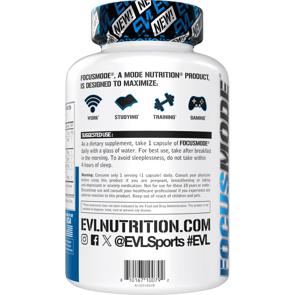 Evlution Nutrition Mental Energy and Focus Supplement for Adults - Nootropics Brain Support Supplement with Caffeine L Theanine Alpha GPC and L-Tyrosine - Focus Pills for Sustained Peak Performance Evlution uk supplements