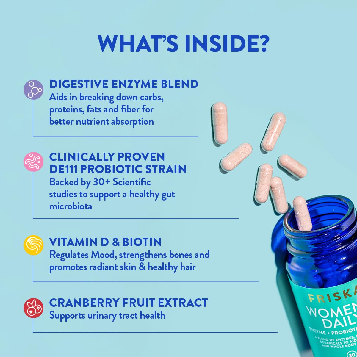 FRISKA Women’s Daily Digestive Enzyme and Probiotics Supplement, Advanced Natural Support for Female Digestive Health, Fights Bloating, Eases Digestion, Supports Nutrient Absorption, 30 Capsules FR!SKA uk supplements