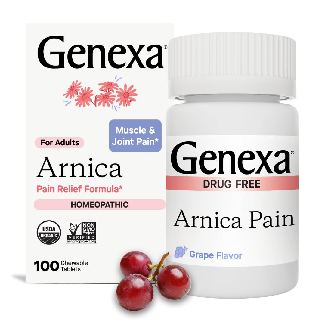 Genexa Arnica for Pain Relief | Alleviate Muscle & Joint Pain, Soreness & Stiffness | Reduces Bruises & Swelling | Organic Grape Flavor | Homeopathic Remedy Made Clean | 100 Chewable Tablets Genexa uk supplements