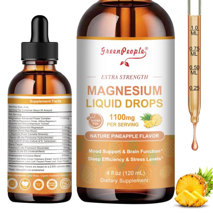GREENPEOPLE Magnesium Glycinate Liquid Drop - 17-in-1 4Fl. Oz Triple Magnesium Complex Supplement with Glycinate 400mg & Citrate 500mg Taurate/L-Theanine for Calm Mood/Muscle/Sleep,Pineapple Flavor GREENPEOPLE uk supplements
