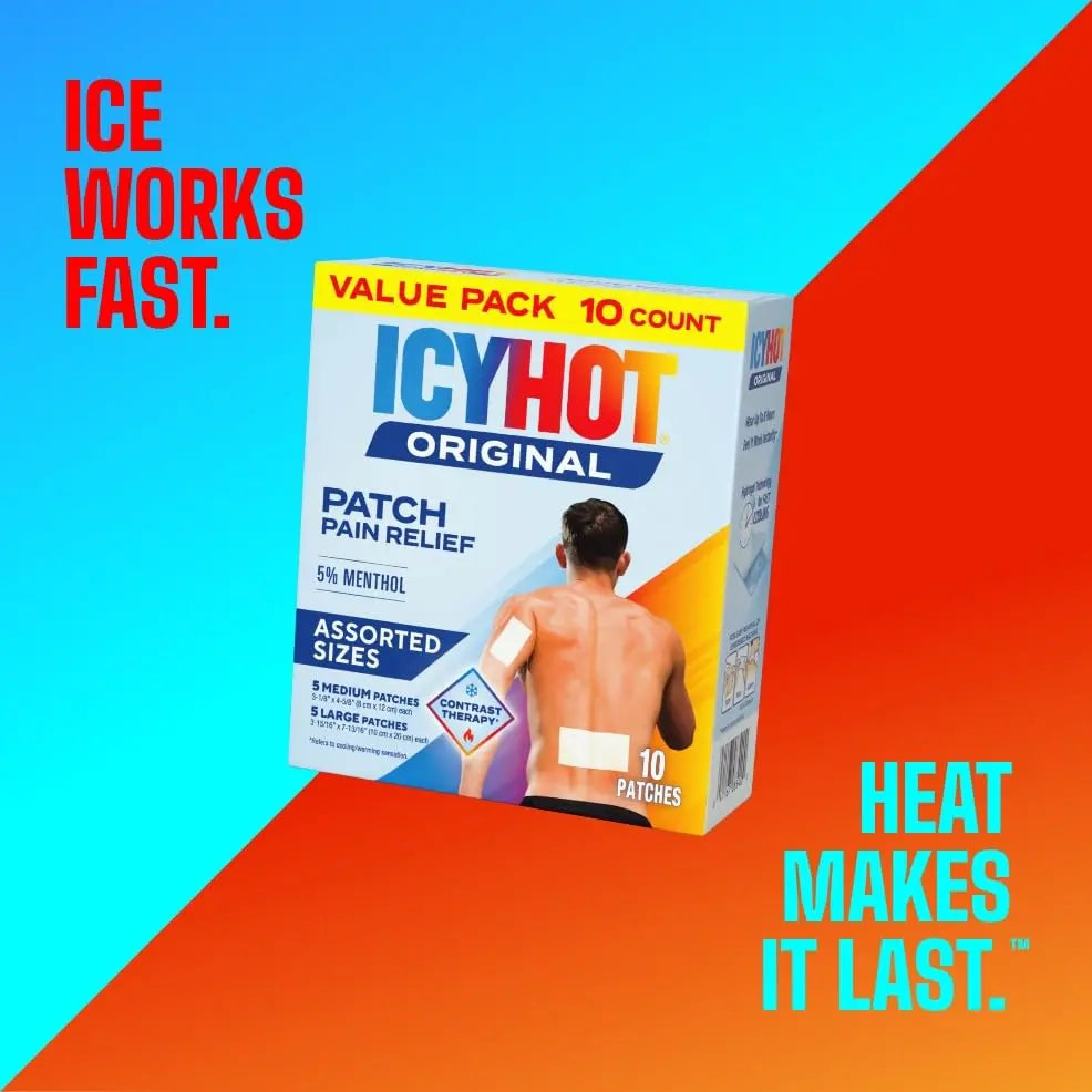Icy Hot Original Pain Relief Patch Variety Pack with 5% Cooling Menthol for Fast-Acting Muscle and Joint Pain Relief, 5 Medium and 5 Large Comfortable Fabric Patches, 10 Ct., 2 pk Icy Hot uk supplements