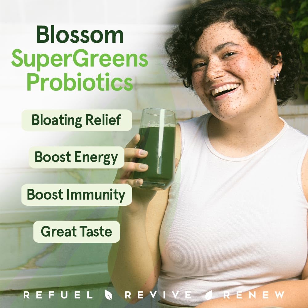 Blossom SuperGreens Probiotics – Digestive Enzymes with Pre/ProBiotics for Bloating Relief – 30+ SuperGreens & SuperReds to Boost Energy –Organic, Gluten-Free, No Fiber, 0g Sugar (Lemon Citrus) BRANIA uk supplements