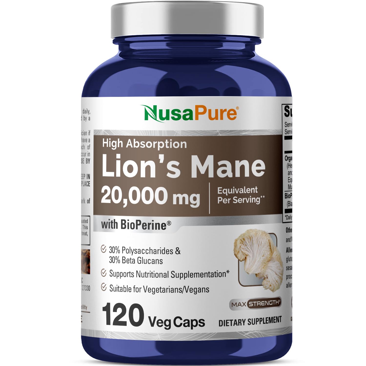 NusaPure Lions Mane 20:1 Extract (20,000 mg Equivalent) - Made with Organic Lion`s Mane, Bioperine - 30% Polysaccharides - 120 Veggie Caps. Non-GMO, Gluten Free NusaPure uk supplements