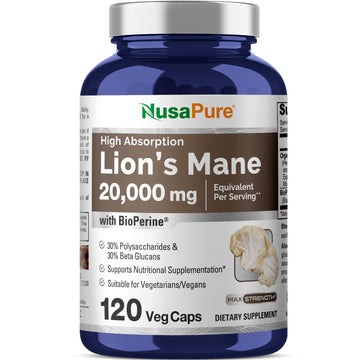 NusaPure Lions Mane 20:1 Extract (20,000 mg Equivalent) - Made with Organic Lion`s Mane, Bioperine - 30% Polysaccharides - 120 Veggie Caps. Non-GMO, Gluten Free NusaPure uk supplements