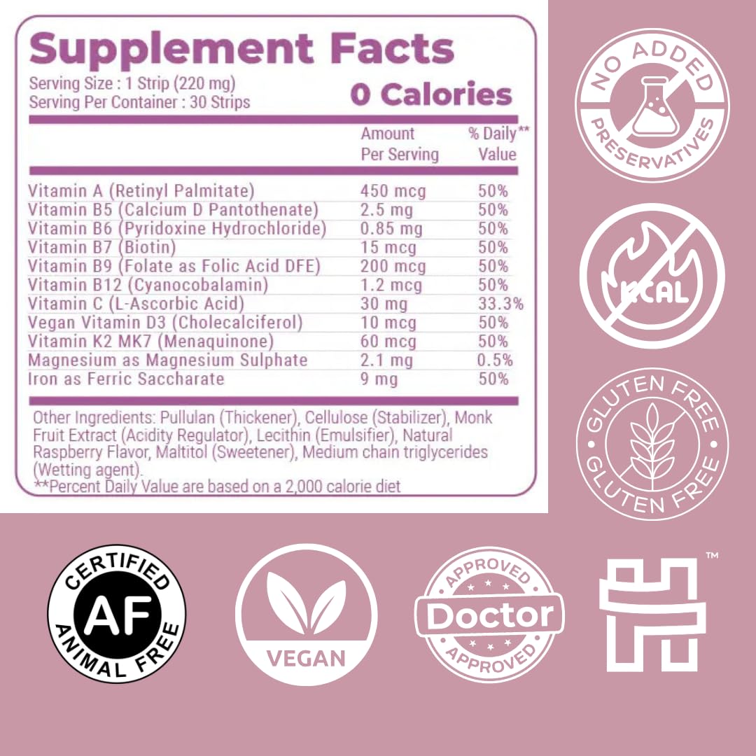 NutriHugs Daily Multivitamin Dissolving Strips - Vitamins A, B-Complex, C, D3 and K2 - 11 Essential Vitamins & Minerals - Vegan, Sugar-Free, Fast-Absorbing Oral Thin Film - Doctor-Founded - 30 Count MedHugs uk supplements