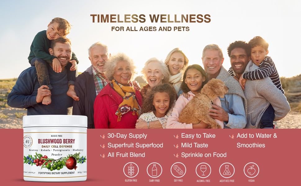 Aussie Pure Blushwood Berry Superfruit Daily Cell Defense - Soursop - Kakadu Plum - Pomegranate - Blueberry - Immune and Cell Support Powder - All Ages - Lab Tested and Authenticated - 180g/6.4oz Aussie Pure uk supplements