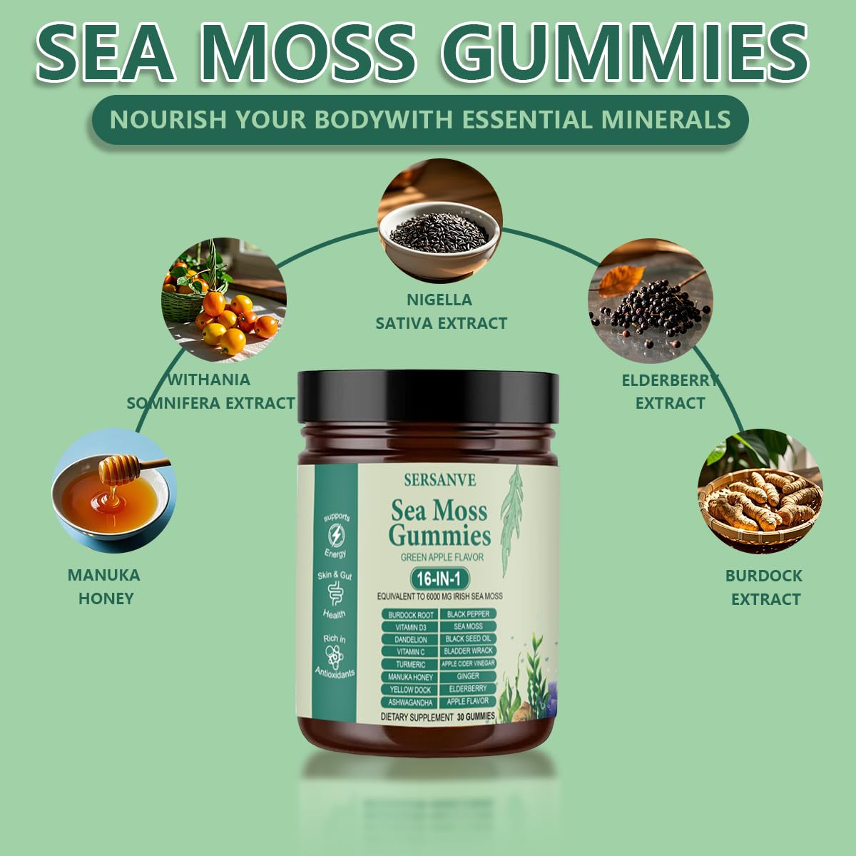 Sea Moss Gummies 16-in-1, with Black Seed Oil, Ashwagandha & Elderberry | Organic Irish Sea Moss Supplement for Men & Women | Daily Support with Manuka, Burdock Root & Vitamins C & D3, 30 Gummies SERSANVE uk supplements