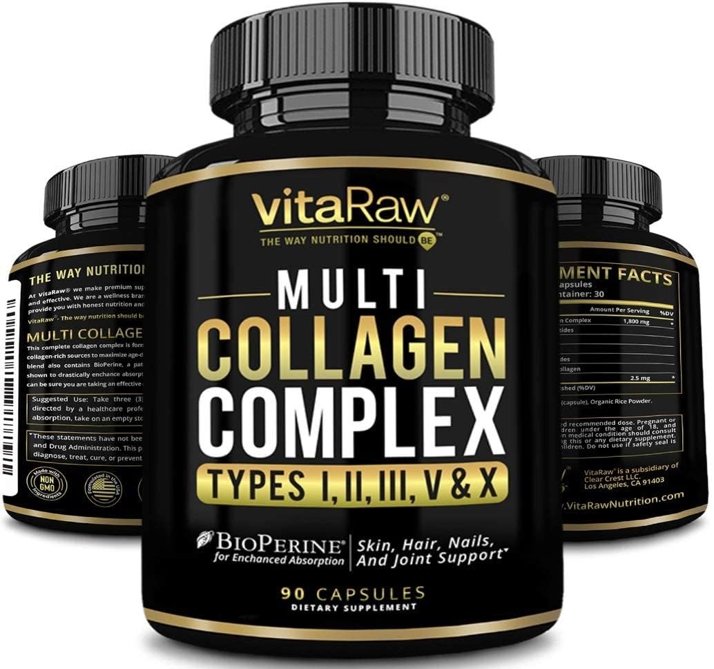VitaRaw Collagen Pills 1800 mg - Multi Collagen Supplements (Types I, II, III, V & X) Grass Fed Non GMO Collagen Peptides Pills for Hair, Skin and Joints - Hydrolyzed Collagen Protein Powder VitaRaw uk supplements