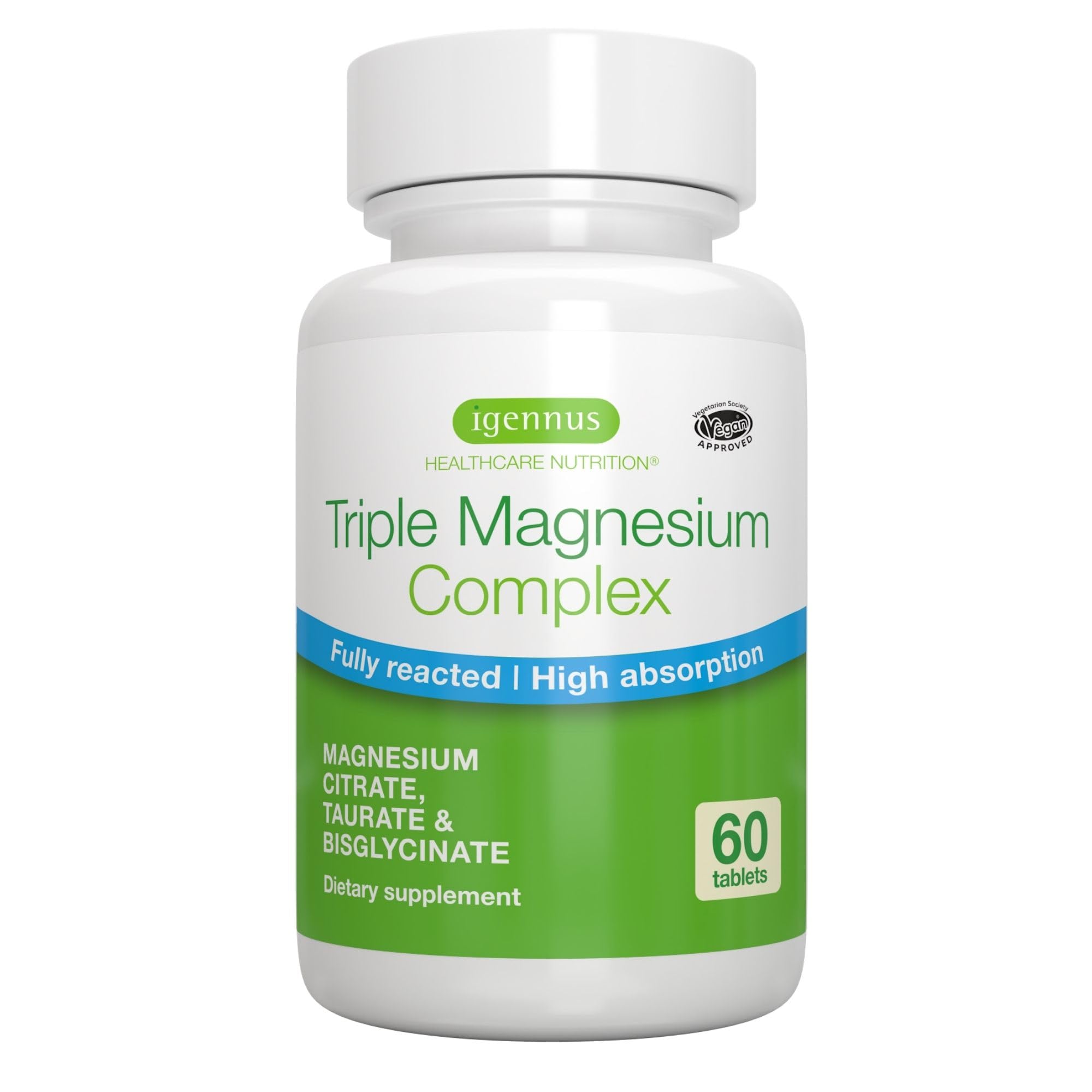 Igennus Superior Triple Magnesium Complex, Fully Reacted & Chelated Glycinate, Taurate & Citrate, Clean Label, High Bioavailability & Absorption, 60 Tablets, Vegan, Non-Buffered Igennus Healthcare Nutrition uk supplements