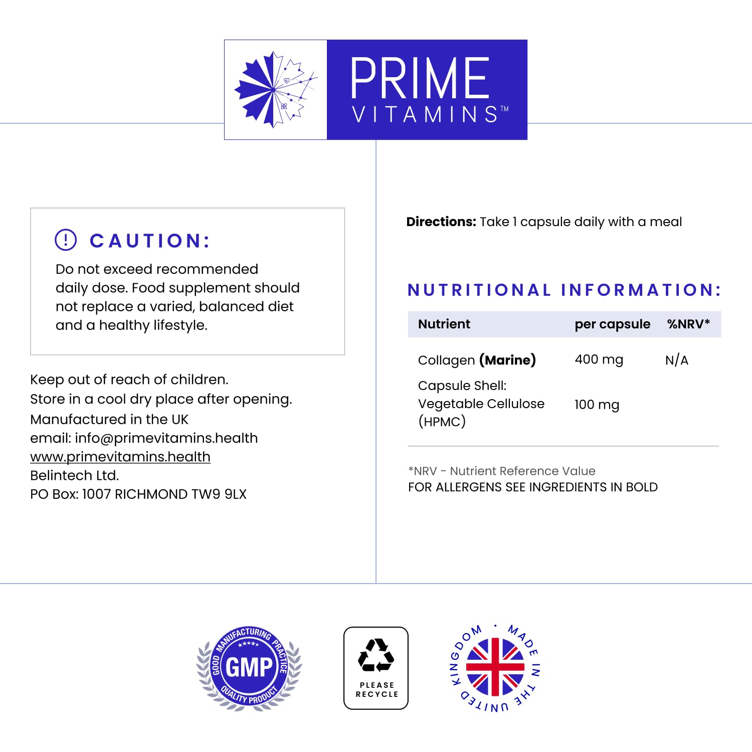 Marine Collagen 400mg | Hydrolysed Collagen Supplements for Women & Men PRIME VITAMINS uk supplements