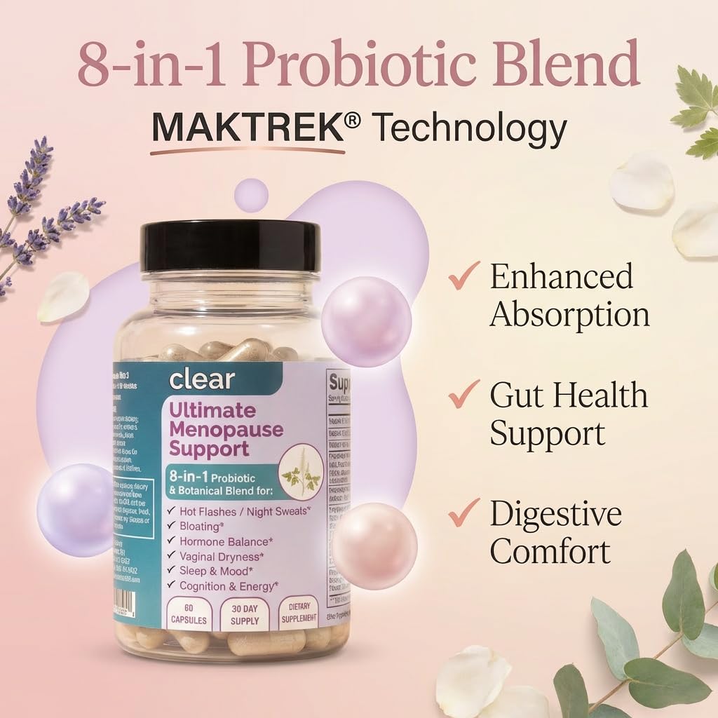 Clear Menopause Support for Women | 25-in-1 Formula with Black Cohosh, Dong Quai, Pre & Probiotics | Hot Flashes, Night Sweats, Mood, Sleep & Digestion | Hormone-Free | Made in USA | 60 Capsules Clear Probiotics uk supplements