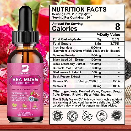 3000mg Sea Moss Liquid Drops - Black Seed Oil & Irish Sea Moss Gel B BEWORTHS uk supplements