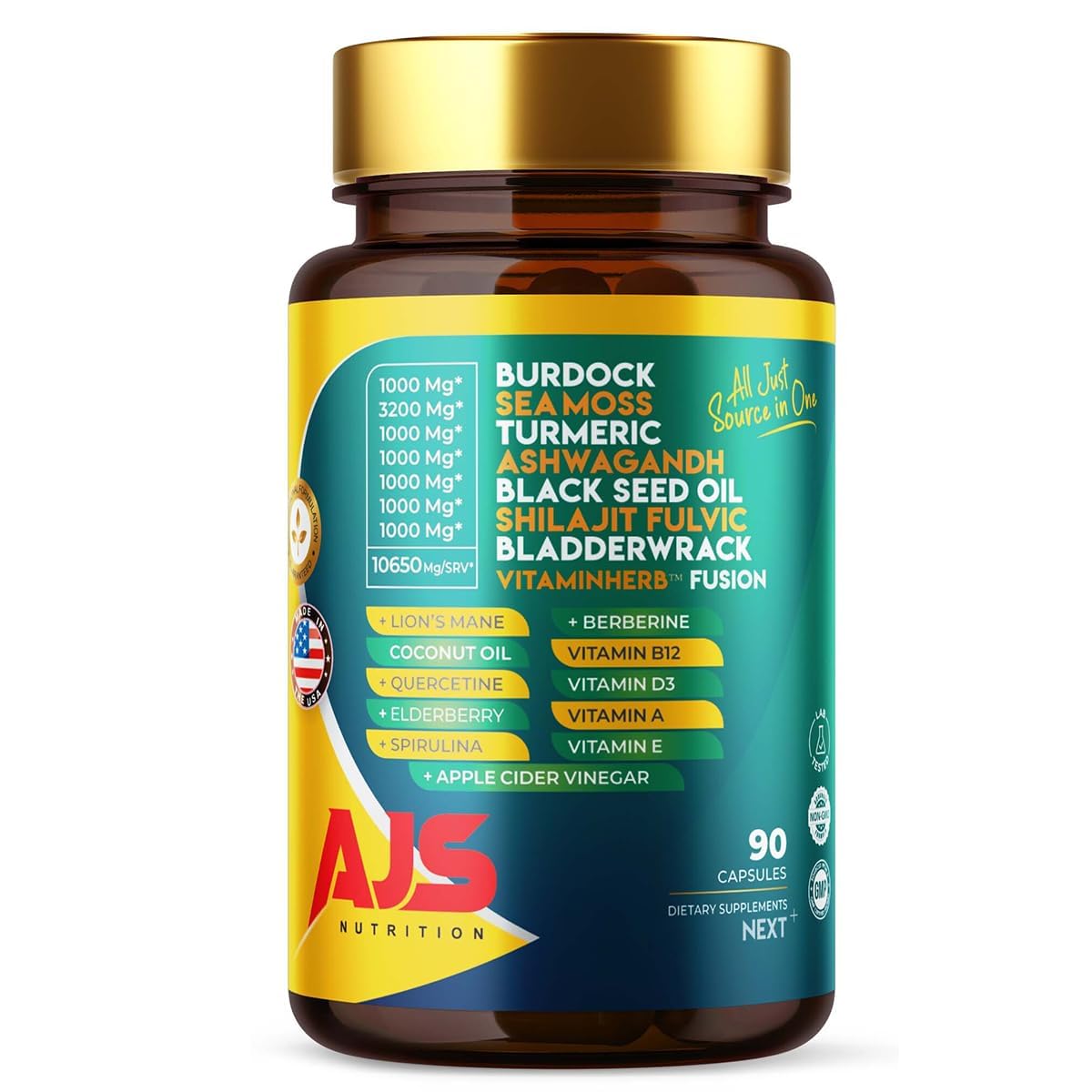 AJS Sea Moss Capsules 3200mg, Himalayan Shilajit 1000mg with Black Seed Oil, Ashwagandha, Turmeric, Bladderwrack, Burdock, Vitamins, Berberine, Lion’s Mane Mushroom, Elderberry- 90 Caps AJS Nutrition uk supplements